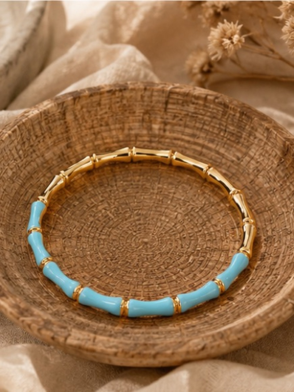 Turquoise Blue Bamboo Inspired Gold Tone Bangle Bracelet Cuff